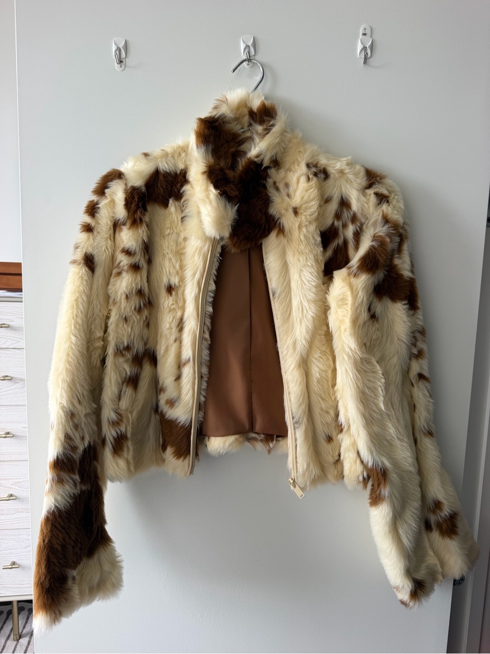 Faux Fur Cropped Jacket in Cream and Brown